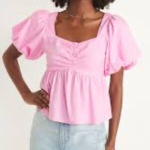 NWT Old Navy Sz M Cotton Puff-Sleeve Ruched Smocked Babydoll Swing Blouse